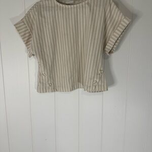 Zara Beige Striped Buttoned Short Sleeve Top